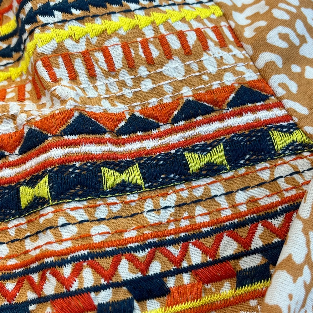 Boho Embroidered Leopard Print Peasant Blouse Orange Tan Western AztecSmall - Picture 3 of 8